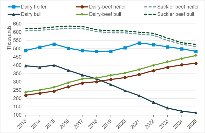 The line graph in Figure 1 shows trends in annual calf registrations by type in Great Britain